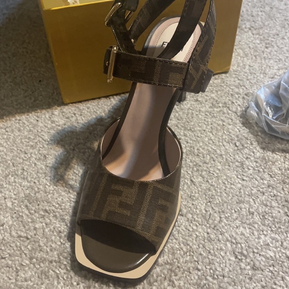 Authentic Fendi Logo  embossed canvas high heel sandals